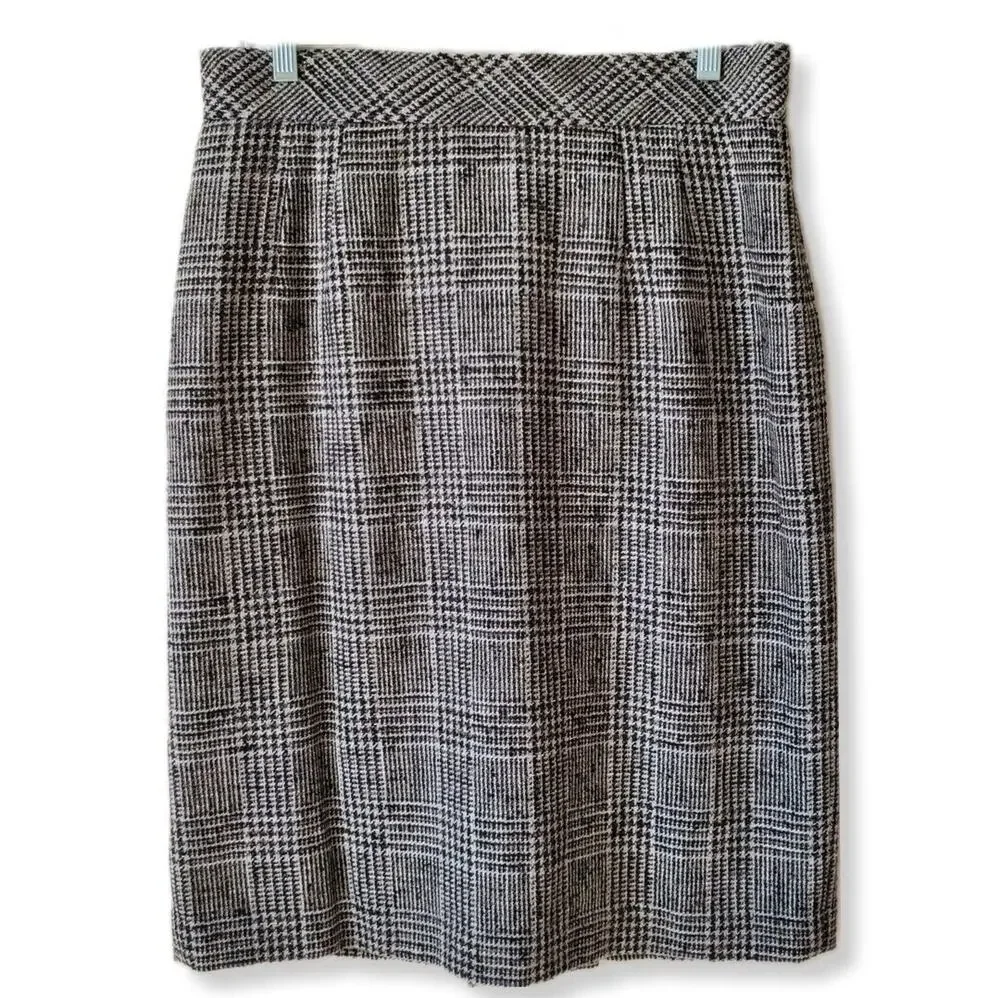 VTG 90s Gray Wool Tweed Houndstooth Pencil Skirt L 12 Retro Classic Old Money